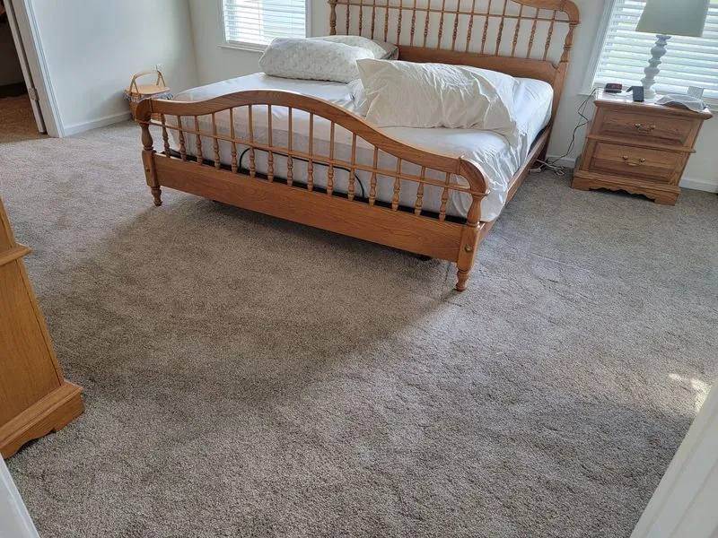 Bedroom with new beige carpet, wooden bed and nightstand