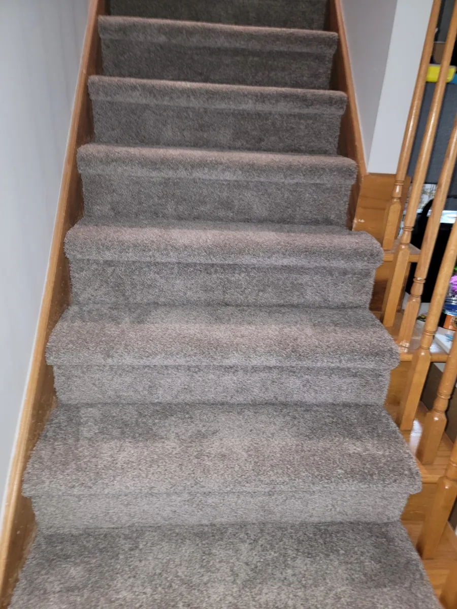 Carpeted stairs with wooden banisters and beige walls
