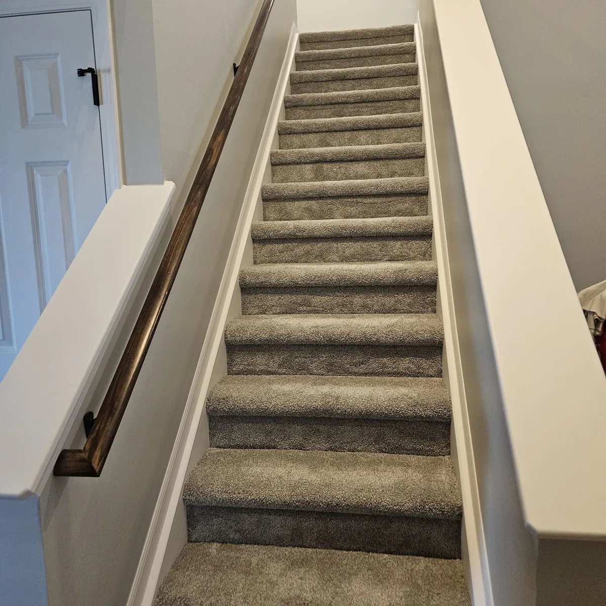 Carpeted staircase with wooden handrail in a light-filled home