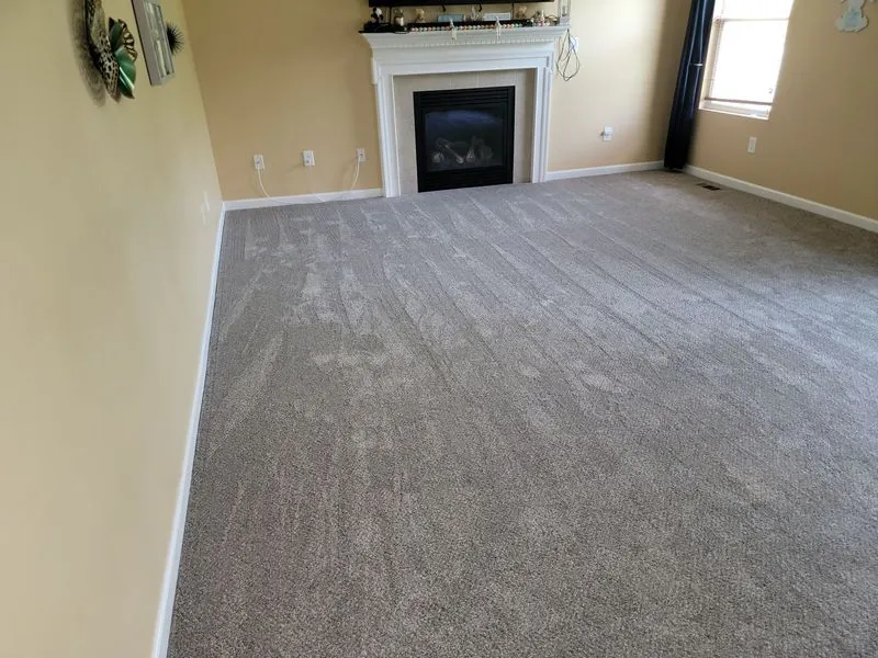 Empty living room with new gray carpet and a fireplace